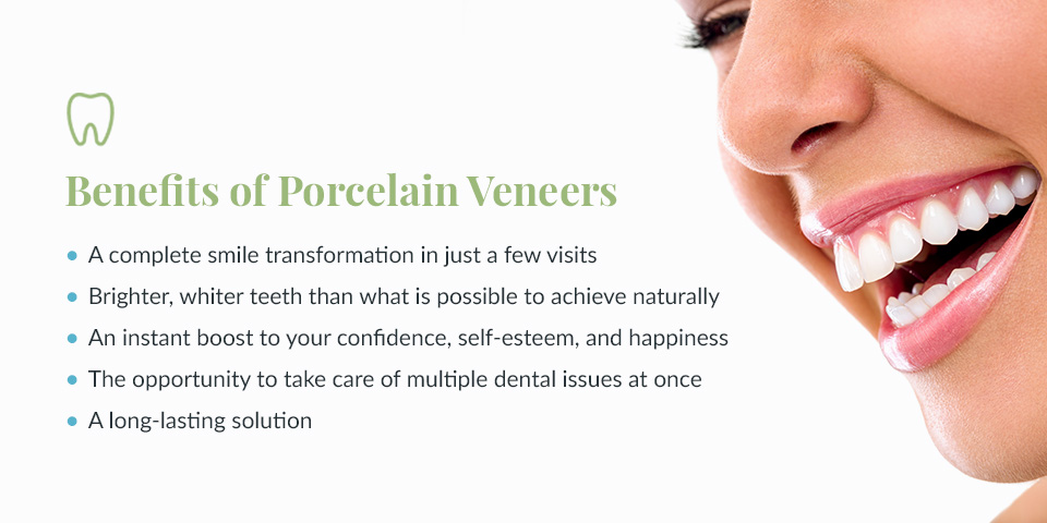 A smiling person near text detailing the benefits of porcelain veneers