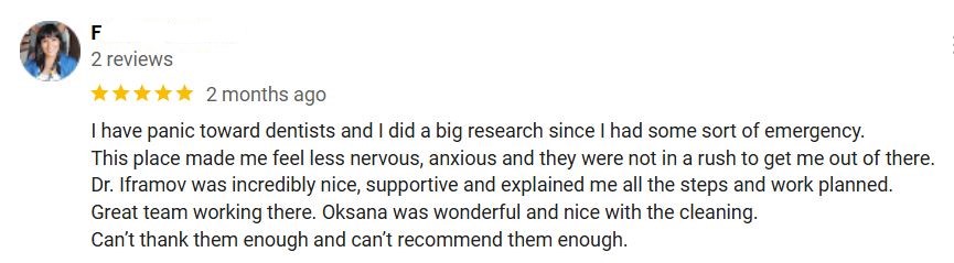 A positive Google review mentioning 209 NYC Dental