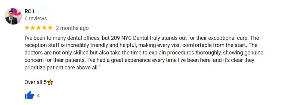 A screenshot of a positive review for 209 NYC Dental