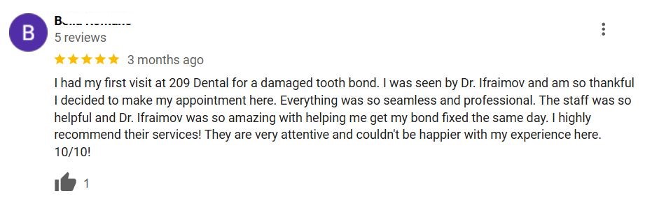 A positive Google review from one of 209 NYC Dental’s patients