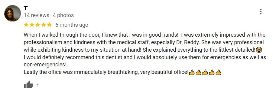 A favorable Google review highlighting a patient’s experience at 209 NYC Dental