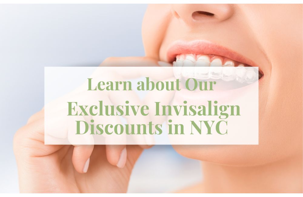 Foreground text: Learn about Our Exclusive Invisalign Discounts in NYC Background: young woman is inserting a clear aligner tray