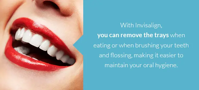A person with a bright smile to the left of information about Invisalign
